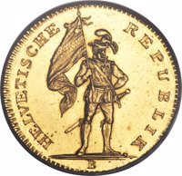 obverse of 32 Franken (1800) coin with KM# A13 from Switzerland. Inscription: HELVETISCHE REPUBLIK B