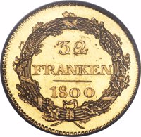 Switzerland coin 32 Franken (1800) reverse reverse of 32 Franken (1800) coin with KM# A13 from Switzerland. Inscription: 32 FRANKEN 1800