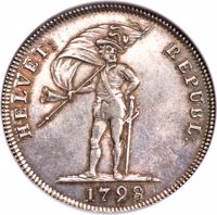 obverse of 20 Batzen (1798 - 1799) coin with KM# A2 from Switzerland. Inscription: HELVET: REPUBL: 1798