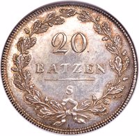 reverse of 20 Batzen (1798 - 1799) coin with KM# A2 from Switzerland. Inscription: 20 BATZEN S