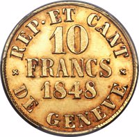 Swiss cantons coin 10 Francs (1848) reverse reverse of 10 Francs (1848) coin with KM# 139 from Swiss cantons. Inscription: REP · ET CANT 10 FRANCS 1848 DE GENEVE