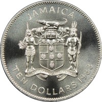 obverse of 10 Dollars - Elizabeth II - Year of the Worker (1988) coin with KM# 138 from Jamaica. Inscription: JAMAICA TEN DOLLARS 1988