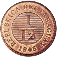 reverse of 1/12 Real (1845) coin with KM# 1 from Paraguay. Inscription: REPUBLICA DEL PARAGUAY 1/12 1845