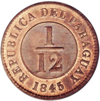 Paraguay coin 1/12 Real (1845) reverse reverse of 1/12 Real (1845) coin with KM# 1 from Paraguay. Inscription: REPUBLICA DEL PARAGUAY 1/12 1845