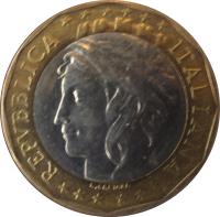 obverse of 1000 Lire - European Union - Reunited Germany Map (1997 - 2001) coin with KM# 194 from Italy. Inscription: REPUBBLICA ITALIANA L.CRETARA