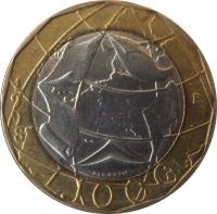 Italy coin 1000 Lire - European Union - Reunited Germany Map (1997 - 2001) reverse reverse of 1000 Lire - European Union - Reunited Germany Map (1997 - 2001) coin with KM# 194 from Italy. Inscription: L.1000 1998 R PERNAZZA