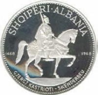 Albania coin 10 Lekë - 500th Anniversary of Skanderbeg's Death (1968 - 1970) reverse reverse of 10 Lekë - 500th Anniversary of Skanderbeg's Death (1968 - 1970) coin with KM# 50 from Albania. Inscription: SHQIPËRI·ALBANIA 1468 1968 GJERGJ KASTRIOTI - SKËNDERBEU