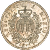 San Marino coin 5 Lire (1898) obverse obverse of 5 Lire (1898) coin with KM# 6 from San Marino. Inscription: RESPVBLICA S. MARINI LIBERTAS 1898