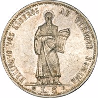 San Marino coin 5 Lire (1898) reverse reverse of 5 Lire (1898) coin with KM# 6 from San Marino. Inscription: RELINQVO VOS LIBEROS AB VTROQVE HOMINE LIBERTAS SPERANZA * L. 5 R