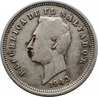 obverse of 25 Centavos (1943 - 1944) coin with KM# 136 from El Salvador. Inscription: REPUBLICA DE EL SALVADOR 1943