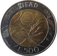 Italy coin 500 Lire - 20 Years to IFAD (1998) reverse reverse of 500 Lire - 20 Years to IFAD (1998) coin with KM# 193 from Italy. Inscription: IFAD 1978 1998 20 L. DE SIMONI L.500 R