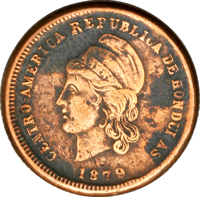 obverse of 1 Centavo (1878 - 1880) coin with KM# 40 from Honduras. Inscription: CENTRO-AMERICA REPUBLICA DE HONDURAS 1878