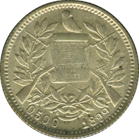 Guatemala coin 1 Real (1899 - 1900) obverse obverse of 1 Real (1899 - 1900) coin with KM# 174 from Guatemala. Inscription: LIBERTAD 15 DE SETIEMBRE DE 1821 0,500 1899