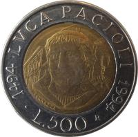 Italy coin 500 Lire - 500th Anniversary to Publication of Mathematical Work by Luca Pacioli (1994) reverse reverse of 500 Lire - 500th Anniversary to Publication of Mathematical Work by Luca Pacioli (1994) coin with KM# 167 from Italy. Inscription: LUCA PACIOLI 1494 1994 L.500