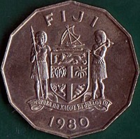 obverse of 50 Cents - Elizabeth II - 10th Anniversary of Independence (1980) coin with KM# 45 from Fiji. Inscription: FIJI Rerevaka na Kalou ka dokana Tui 1980