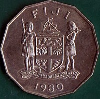 Fiji coin 50 Cents - Elizabeth II - 10th Anniversary of Independence (1980) obverse obverse of 50 Cents - Elizabeth II - 10th Anniversary of Independence (1980) coin with KM# 45 from Fiji. Inscription: FIJI Rerevaka na Kalou ka dokana Tui 1980