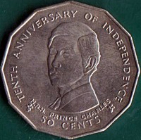 Fiji coin 50 Cents - Elizabeth II - 10th Anniversary of Independence (1980) reverse reverse of 50 Cents - Elizabeth II - 10th Anniversary of Independence (1980) coin with KM# 45 from Fiji. Inscription: TENTH ANNIVERSARY OF INDEPENDENCE H.R.H. PRINCE CHARLES 50 CENTS