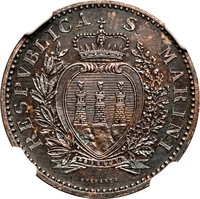obverse of 1 Lira (1898 - 1906) coin with KM# 4 from San Marino. Inscription: RESPVBLICA S. MARINI