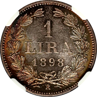 San Marino coin 1 Lira (1898 - 1906) reverse reverse of 1 Lira (1898 - 1906) coin with KM# 4 from San Marino. Inscription: 1 LIRA 1898 R