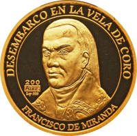 Venezuela coin 200 Bolívares - Disembark of Francisco de Miranda (2010) reverse reverse of 200 Bolívares - Disembark of Francisco de Miranda (2010) coin with Y# 98 from Venezuela. Inscription: DESEMBARCO EN LA VILLA DE CORO 200 años Ley 999 FRANCISCO DE MIRANDA