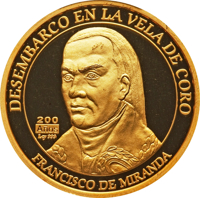 reverse of 200 Bolívares - Disembark of Francisco de Miranda (2010) coin with Y# 98 from Venezuela. Inscription: DESEMBARCO EN LA VILLA DE CORO 200 años Ley 999 FRANCISCO DE MIRANDA