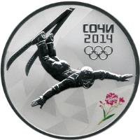 Russia coin 3 Roubles - 2014 Winter Olympics, Sochi - Freestyle Skiing (2014) reverse reverse of 3 Roubles - 2014 Winter Olympics, Sochi - Freestyle Skiing (2014) coin with Y# 1478 from Russia. Inscription: СОЧИ 2014