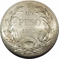 Chile coin 1 Peso (1895 - 1897) reverse reverse of 1 Peso (1895 - 1897) coin with KM# 152.1 from Chile. Inscription: So UN PESO 1895