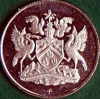 obverse of 10 Cents - Elizabeth II - 10th Anniversary of Independence (1972) coin with KM# 11 from Trinidad and Tobago. Inscription: TOGETHER WE ASPIRE TOGETHER WE ACHIEVE FM