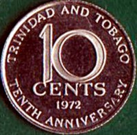 Trinidad and Tobago coin 10 Cents - Elizabeth II - 10th Anniversary of Independence (1972) reverse reverse of 10 Cents - Elizabeth II - 10th Anniversary of Independence (1972) coin with KM# 11 from Trinidad and Tobago. Inscription: TRINIDAD AND TOBAGO 10 CENTS 1972 TENTH ANNIVERSARY