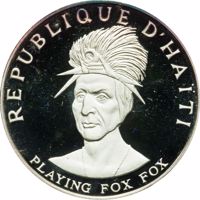 obverse of 10 Gourdes - Native American Chieftains Series - Playing Fox Fox (1971) coin with KM# 81 from Haiti. Inscription: REPUBLIQUE D'HAÏTI PLAYING FOX FOX