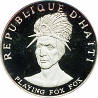 Haiti coin 10 Gourdes - Native American Chieftains Series - Playing Fox Fox (1971) obverse obverse of 10 Gourdes - Native American Chieftains Series - Playing Fox Fox (1971) coin with KM# 81 from Haiti. Inscription: REPUBLIQUE D'HAÏTI PLAYING FOX FOX