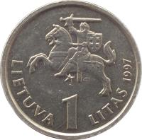 Lithuania coin 1 Litas - 75th Anniversary of the Bank of Lithuania and the litas (1997) obverse obverse of 1 Litas - 75th Anniversary of the Bank of Lithuania and the litas (1997) coin with KM# 109 from Lithuania. Inscription: LIETUVA 1 LITAS 1997