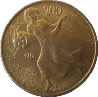 reverse of 200 Lire - FAO (1981) coin with KM# 109 from Italy. Inscription: L. 200 GIORNATA MONDIALE DELL' ALIMENTAZIONE 16 OTT. FAO 1981 R
