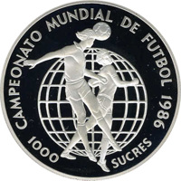 reverse of 1000 Sucres - FIFA World Championship 1986 (1986) coin with KM# 88 from Ecuador. Inscription: CAMPEONATO MUNDIAL DE FUTBOL 1986 1000 SUCRES