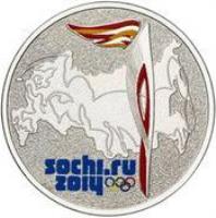 Russia coin 25 Roubles - 2014 Winter Olympics, Sochi - Olympic Torch - Colorized (2014) reverse reverse of 25 Roubles - 2014 Winter Olympics, Sochi - Olympic Torch - Colorized (2014) coin with KM# 1502 from Russia. Inscription: SOCHI.RU 2014