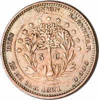Honduras coin 5 Centavos - 50th Anniversary of Independence (1871) reverse reverse of 5 Centavos - 50th Anniversary of Independence (1871) coin with KM# Pn13 from Honduras. Inscription: DIOS UNION LIBERTAD. 5 C. 15 DE SET. 1821 0.900