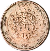 reverse of 5 Centavos - 50th Anniversary of Independence (1871) coin with KM# Pn13 from Honduras. Inscription: DIOS UNION LIBERTAD. 5 C. 15 DE SET. 1821 0.900