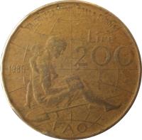 reverse of 200 Lire - FAO (1980) coin with KM# 107 from Italy. Inscription: VALORIZZAZIONE DELLA DONNA LIRE 200 1980 R FAO