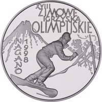 Poland coin 10 Złotych - XVIIIth Winter Olympic Games - Nagano 1998 (1998) reverse reverse of 10 Złotych - XVIIIth Winter Olympic Games - Nagano 1998 (1998) coin with Y# 341 from Poland. Inscription: XVIII ZIMOWE IGRZYSKA OLIMPIJSKIE NAGANO 1998