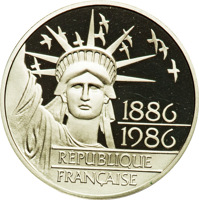 obverse of 100 Francs - 100th Anniversary of the Statue of Liberty (1986) coin with KM# 960c from France. Inscription: 1886-1986 REPUBLIQUE FRANCAISE