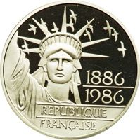 France coin 100 Francs - 100th Anniversary of the Statue of Liberty (1986) obverse obverse of 100 Francs - 100th Anniversary of the Statue of Liberty (1986) coin with KM# 960c from France. Inscription: 1886-1986 REPUBLIQUE FRANCAISE