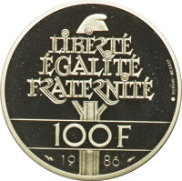 reverse of 100 Francs - 100th Anniversary of the Statue of Liberty (1986) coin with KM# 960c from France. Inscription: LIBERTE-EGALITE-FRATERNITE 100 FRANCS 1986
