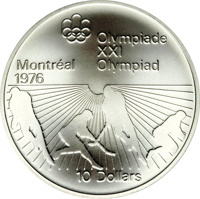 reverse of 10 Dollars - Elizabeth II - Field Hockey (1976) coin with KM# 112 from Canada. Inscription: Olympiade XXI Olympiad Montréal 1976 10 Dollars