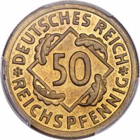 reverse of 50 Reichspfennig (1924 - 1925) coin with KM# 41 from Germany. Inscription: *DEUTSCHES REICH* 50 REICHSPFENNIG