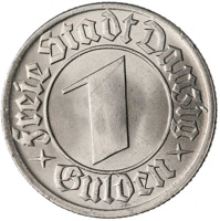 reverse of 1 Gulden (1932) coin with KM# 154 from Danzig. Inscription: *FREIE STADT DANZIG* 1 GULDEN