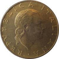 obverse of 200 Lire - 80th Anniversary of Carabinieri (1994) coin with KM# 164 from Italy. Inscription: REPVBBLICA ITALIANA · M.VALLUCCI