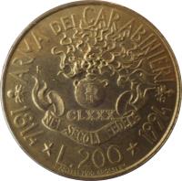 Italy coin 200 Lire - 80th Anniversary of Carabinieri (1994) reverse reverse of 200 Lire - 80th Anniversary of Carabinieri (1994) coin with KM# 164 from Italy. Inscription: ARMA DEI CARABINIERI R IR CLXXX NEI SECOLI FEDELE 1814*L.200*1994 Z AMERCI MOD. GROSSI INC.