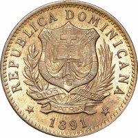 obverse of 10 Centesimos de Franco (1891) coin with KM# 9 from Dominican Republic. Inscription: REPUBLICA DOMINICANA DIOS PATRIA LIBERTAD 1891