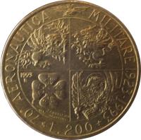 Italy coin 200 Lire - Military Aviation (1993) reverse reverse of 200 Lire - Military Aviation (1993) coin with KM# 155 from Italy. Inscription: 70 · AERONAUTICA MILITARE 1923-1993 L. 200