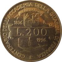 reverse of 200 Lire - 100th Anniversary of Customs Services Academy (1996) coin with KM# 184 from Italy. Inscription: CENTENARIO DELL'ACCADEMIA DELLA GUARDIA DI FINANZA 1896 L.200 1996 R NEC RECISA RECEDIT